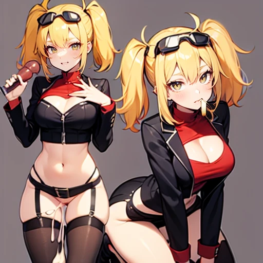 Burnice_ZZZ, blonde hair, orange eyes, two side up, short twintails, hair ornament, eyewear on head, sunglasses, goggles, crop top, tube top, black jacket, black thighhighs, cropped jacket, red shirt, cleavage cutout, long sleeves, belt, black skirt, red wrist cuffs, red thigh strap, fingerless gloves, miniskirt, midriff, turtleneck, cum, sex, oral sex, kneeling, oral, blowjob 