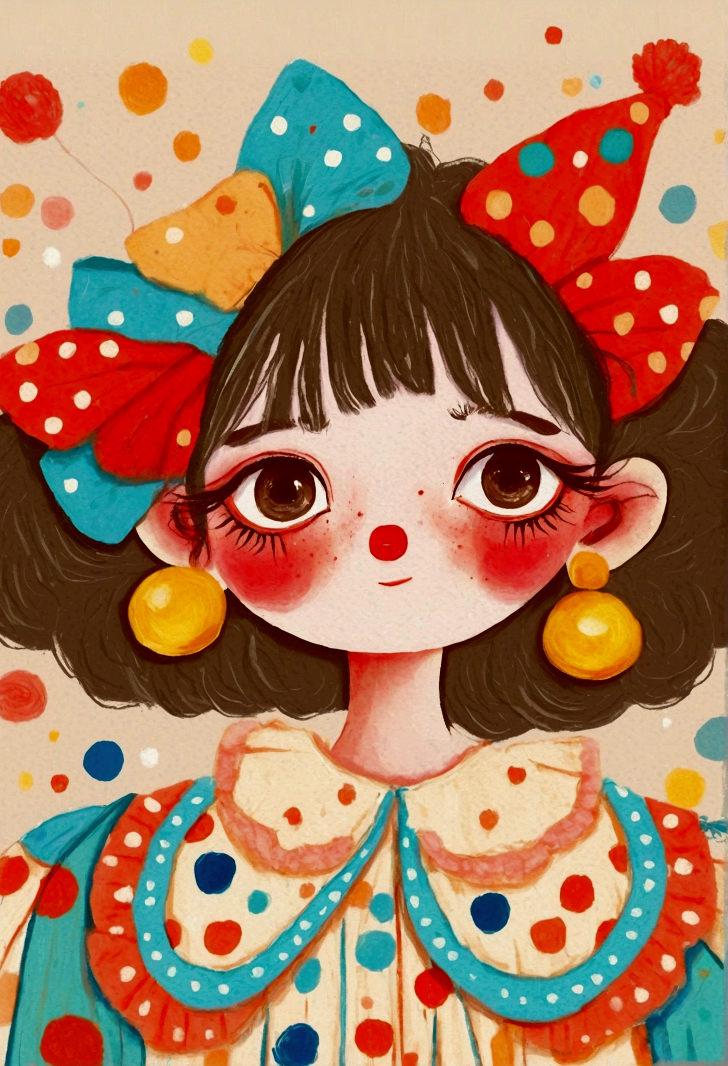 A painting，Pastel Art：clown girl。Red Nose。big eyes，Multi-layered pleated collar。Lovely的艺术风格, Lovely细致的数字艺术, Lovely的数字艺术, Lovely的艺术品, 卡哇伊写实portrait, Change, Lovely的数字, Lovely。portrait, Benefits, Lovely的角色, Lovely 多彩 Lovely
绿色背景