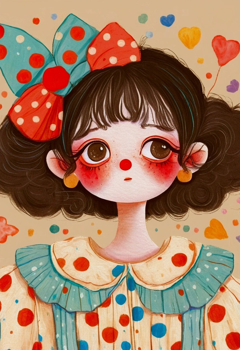 A painting，Pastel Art：clown girl。Red Nose。big eyes，Multi-layered pleated collar。Lovely的艺术风格, Lovely细致的数字艺术, Lovely的数字艺术, Lovely的艺术品, 卡哇伊写实portrait, Change, Lovely的数字, Lovely。portrait, Benefits, Lovely的角色, Lovely 多彩 Lovely
绿色背景