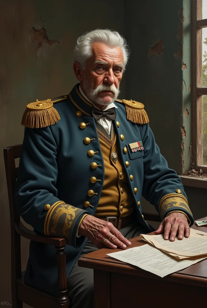 Create an image that symbolizes Captain Stanley Lord of the SS Californian's later regret, realizing that his decision not to help the Titanic had tragic consequences:. Ilustre o peso de sua escolha e coloque textura altamente detalhada do rosto e da pele.