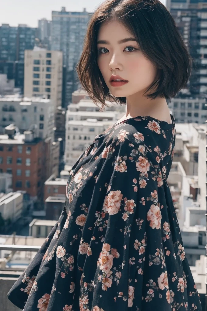 (8k、Highest quality、masterpiece:1.2)、(Realistic、Photorealistic:1.37)、Ultra-detailed、((Beautiful woman))、((Floral T-shirt))、gender、Staring at the audience、On the roof of a building、(chest)、((Black short hair))