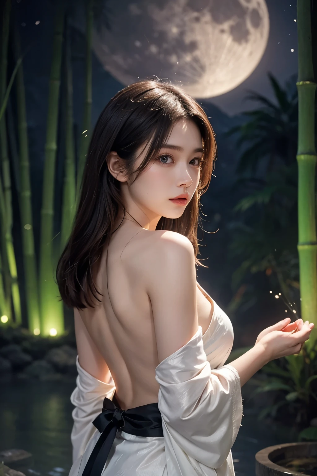 realistic, photogenic, very dark night, bamboo forest under the moonlight, moon is reflected on the hot spring, large steam is rising around, back view, her back is turned, wearing only white tube-top style "sarashi" Japanese under-kimono, exposed her back, moon is shining small high above, extremely brightly lit by moonlight, beautiful long black hair, hair is blowing in the wind, hair is shaggy and dishevelled, beautiful white translucent skin, slendar figure, no makeup, sad expression, tears in her eyes, hands on chest to hide chest, shot from her back side