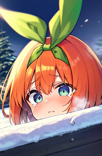 nakano yotsuba, bangs, short hair, blue eyes, hair between eyes, hair ribbon, hairband, orange hair, (green ribbon:1.5), ,, large breasts,, , Heavy snowfall area Freezing wet crying , through the sky, solo nsfw early morning、 nipple,, empty eyes , smile, Crying, Hot Spring Town