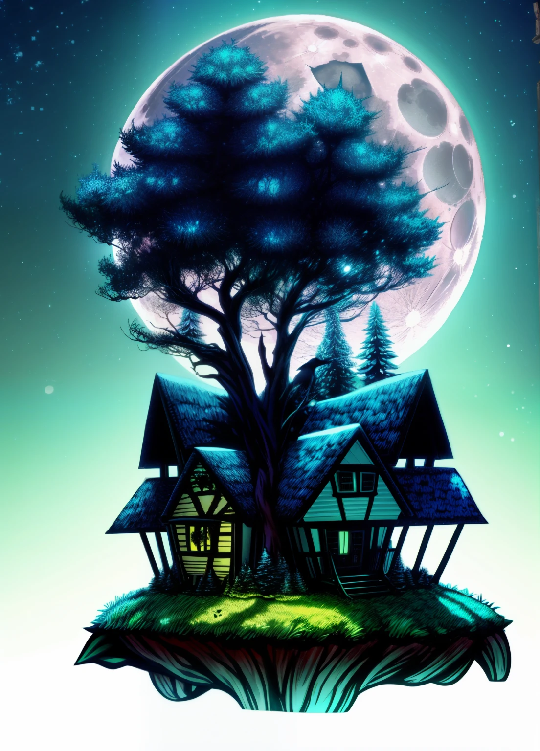 enchanted forest, the full moon rises from behind the hills, the bunnies and hedgehogs sit and watch the moon