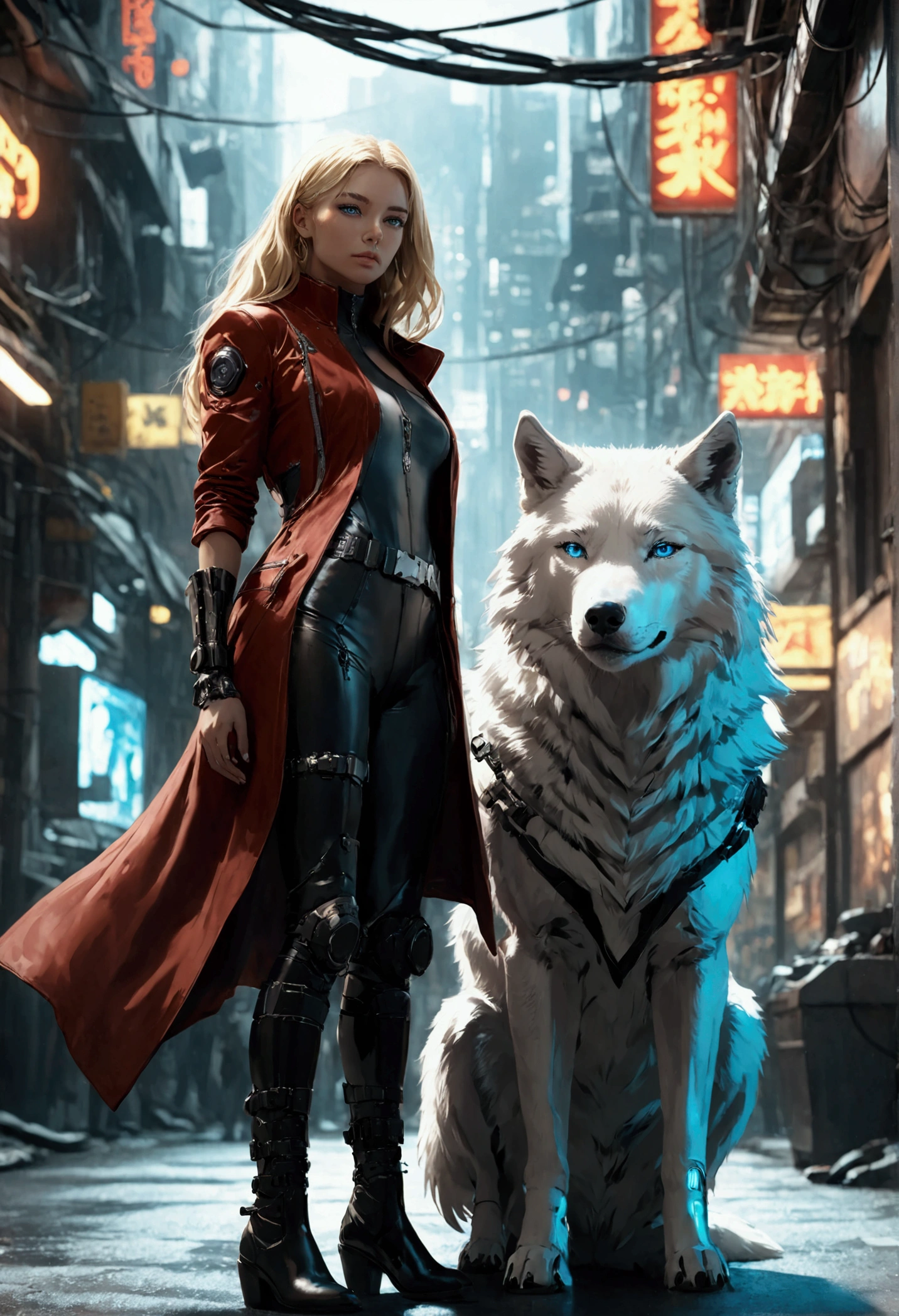 fantasy art, RPG art, ultra wide shot, RAW, photorealistic, a picture of female human ranger and her (white: 1.4) wolf pet, the ranger, an exquisite beautiful human woman, long blond hair, braided hair, green eyes, wearing leather dress, wearing (red cloak: 1.1), wearing high heeled boots, standing in a cyberpunk street at night, an epic ((white)) wolf stands near her, glowing blue eyes, protecting her, cyberpunk street background, best quality, 16k, [ultra detailed], masterpiece, best quality, (ultra detailed), full body, ultra wide shot, photorealism