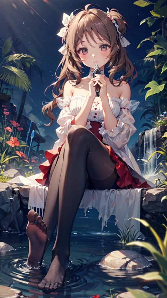 (extremely delicate and beautiful:1.5),1 Girl, sitting in water， Foot washing，Pantyhose，No shoes，trumpet