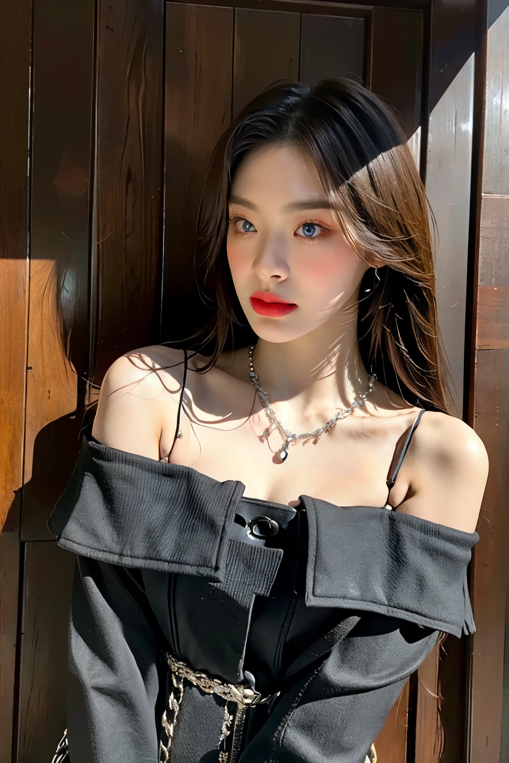 Nsfw、((whole body))、((perfect quality, 8k, highest quality, masterpiece: 1.3, hyperrealistic)), (realistic, sharp focus: 1.2), A very delicate and pretty girl, (1 girl)), perfect style, super detailed, High resolution, (off shoulder: 1.1), (long hair), (big, whole body: 1.3), Highly detailed face and skin texture, detailed and beautiful eyes, Slight redness on the face and nose, blue eyes, red lips, eyes make up, necklace, earrings, outdoors, realistic shadow,