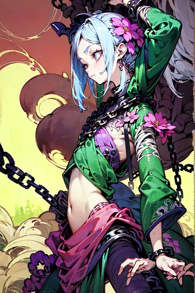 ((Background made up of chains and flowers))、 Horror elements, (masterpiece), (High resolution), (Very delicate), (clear), Manga style illustration,Japanese painting, (spooky), Crazy Illustration, Flat Illustration, spooky外観, (Mr..々Color Hair Styles), Unique atmosphere、Small eyes、（Flat Chest）, ((Muddy hair)),chain wrapped around body、((spookyタトゥー))、Holding a balloon,Skin full of stitches,restrained by thick chains、（Colorful clown costumes）、Bold Pose、Sexy Costumes、dress
