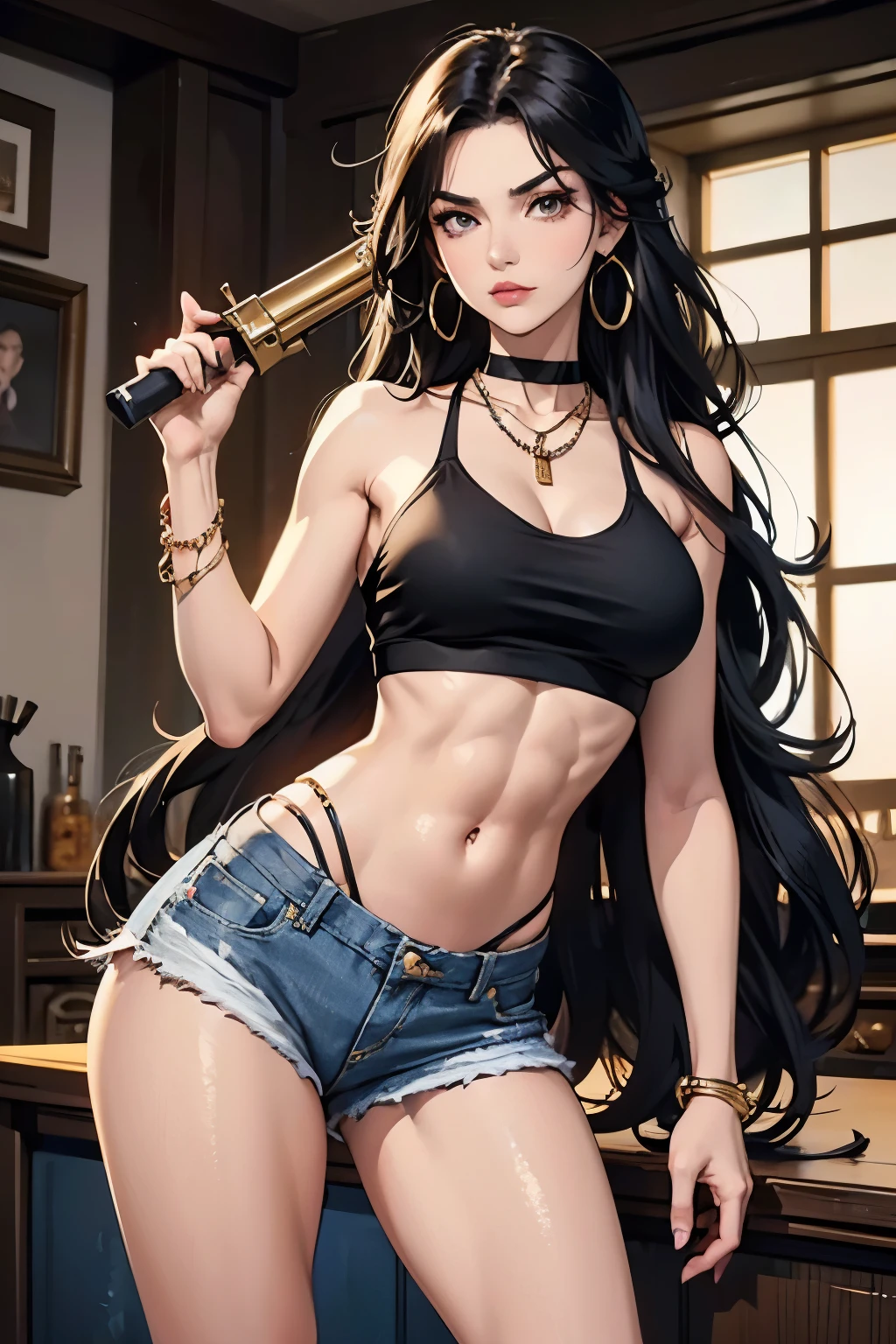 1girl, long hair, black hair, big boobs and clevage , toned abs , slim waist, wide hips, raising right eyebrow, thick eyeliner, thick eyebrows, lip filler, Necklace, earrings, crop top and denim shorts , holding an ak47, wearing aviators. 