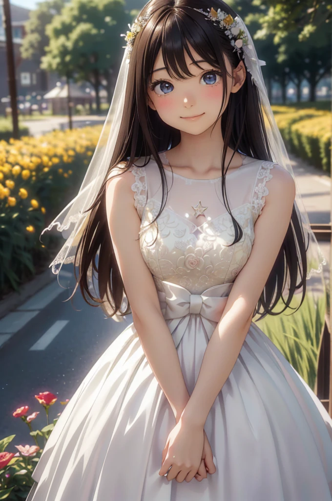 Masterpiece, best picture quality, super detailed V6 model, enriching the natural landscape with light, tender leaves, colorful petals gently fluttering in the air, delicate and realistic, best illustration, best shadow effect. Against the background full of flowers, a girl wears a crisp white wedding dress