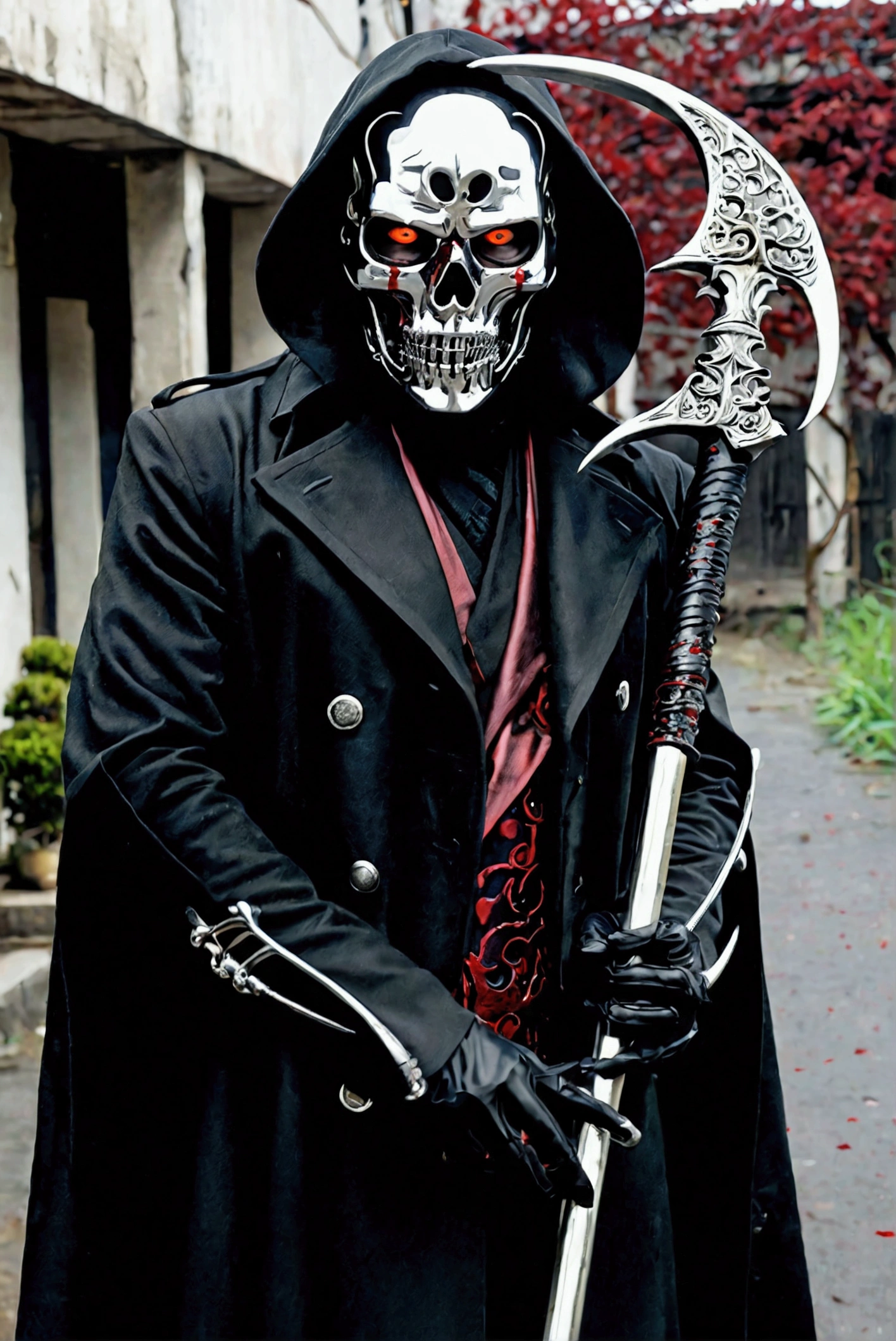 Character card, "front, side and back poses", full body, man with skull head "death", black hood with red stripes, black leather jacket, liced pants, white boots, gray knee pads with pimples, deep eyes and red, athletic "muscular" body, gloves, oz