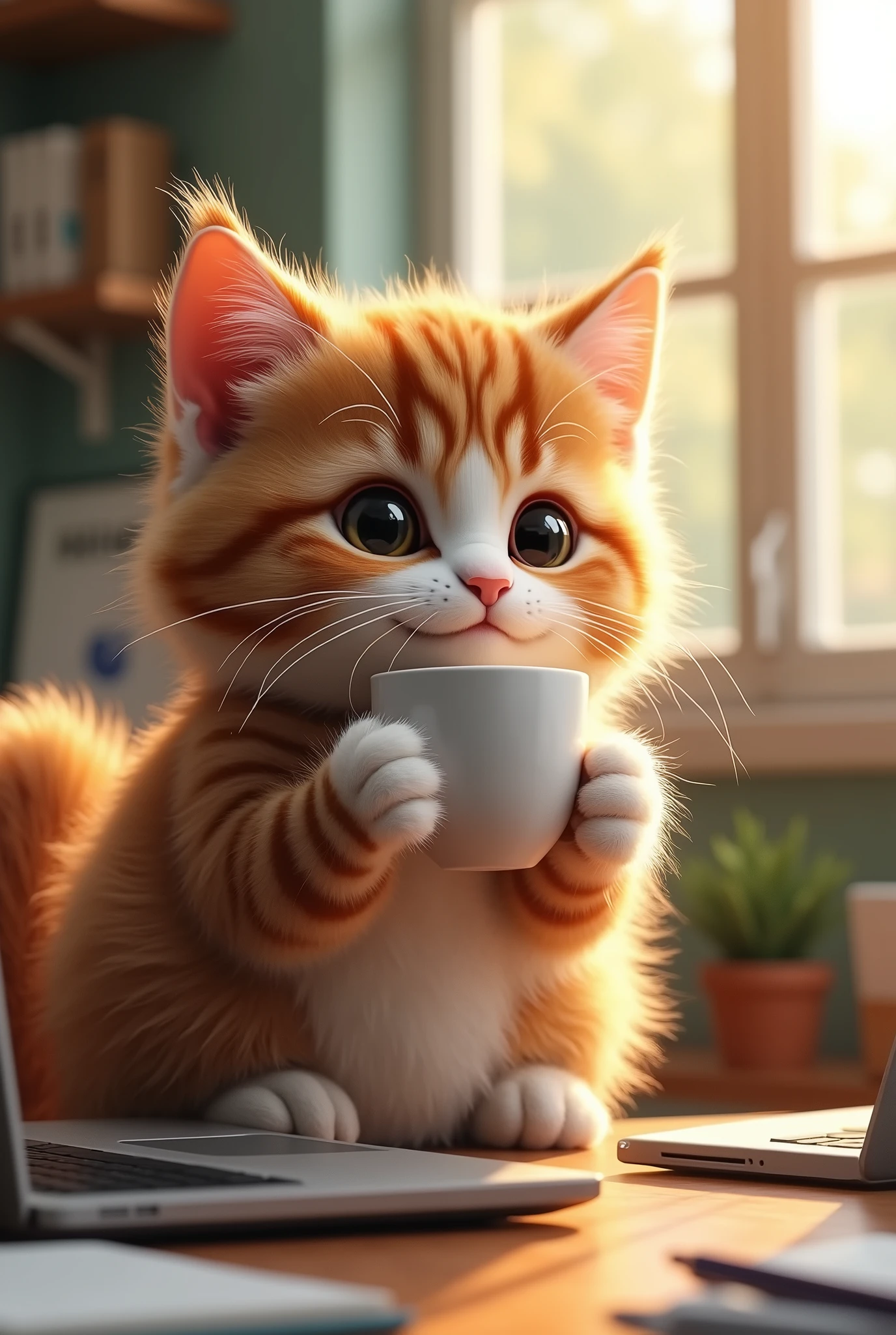 a cute realistic cat, drinking coffee, in an office interior, detailed fur, expressive eyes, sitting on a desk, sunlight streaming through window, steam rising from coffee cup, office supplies and laptop nearby, warm lighting, photorealistic, highly detailed, 8k, hyperrealistic