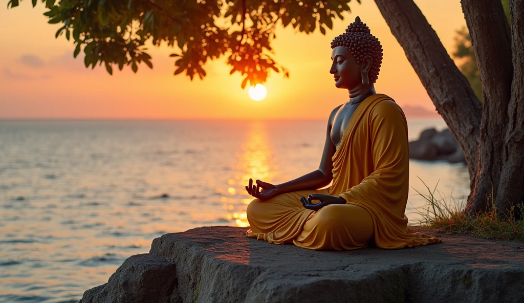 A Buddha meditating on a beach at sunset with sand, stones and palm trees around him people admired his wisdom