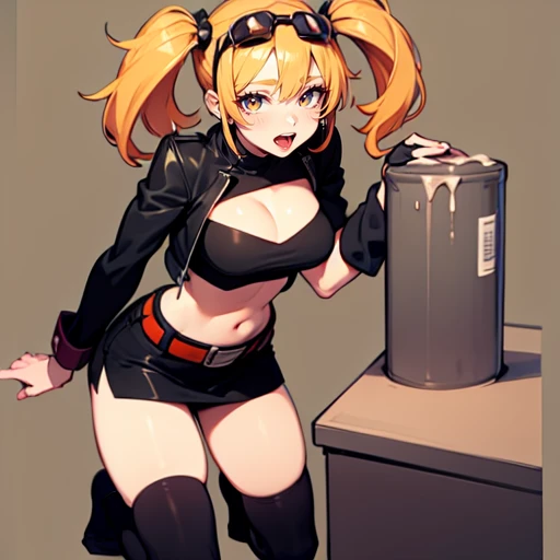 Burnice_ZZZ, blonde hair, orange eyes, two side up, short twintails, hair ornament, eyewear on head, sunglasses, goggles, crop top, tube top, black jacket, black thighhighs, cropped jacket, red shirt, cleavage cutout, long sleeves, belt, black skirt, red wrist cuffs, red thigh strap, fingerless gloves, miniskirt, midriff, turtleneck, cum, sex, oral sex, kneeling, oral, blowjob 