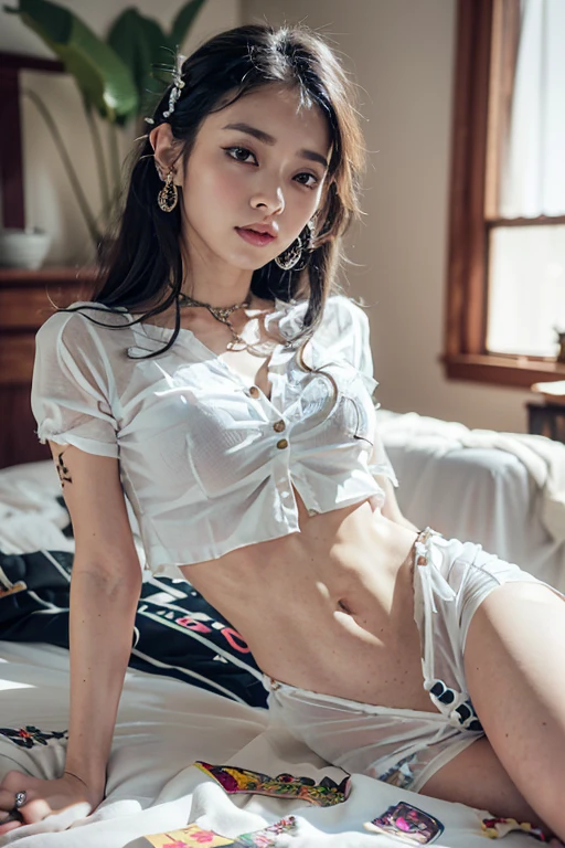 Top quality, RAW Photo, Highest Quality Image, 16K, Full body, Age 22, Realistic, Photorealistic,  Beautiful Asian woman, Sexy, body, White pale skin, ((( Beautiful Girl with graphics Tattoo on tummy))),  detailed tattoo, ((( Multicolor Hair ))), Wavy hairstyle, Modern hairstyles, Detailed face, Detailed body, Detailed skin, Double eyelids, Very Big eyes, long eyelashes, bright eyes, green eyes, natural lips, detailed lips, ((( Very Small breasts, Flat Breasts ))), posing in bedroom studio, sunny day light,  ((( wearing white see through crop top shirt with all buttons are unbuttoned ))), no bra, ((( piercings ))), ((( piercing bellybutton with jewelry )))