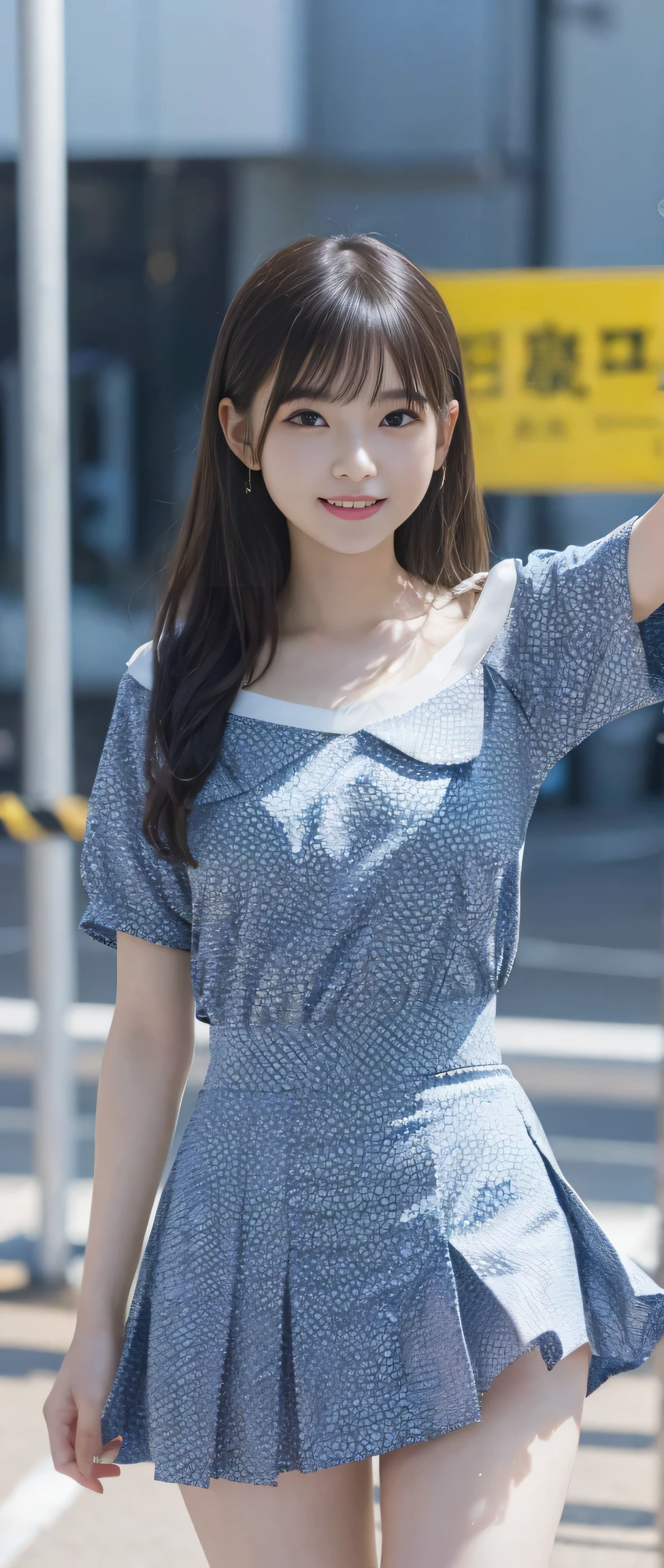highres, masterpiece, best quality, ultra-detailed 8k wallpaper, extremely clear, magnificent panorama view:1.3, (detailed beautiful face):1.2, natural closed eyes, living room, multicolored hair, (blue)hair, spreading arms, full body, 1girl, solo, (pastel color)summer dress:1.2, He’s looking at us,