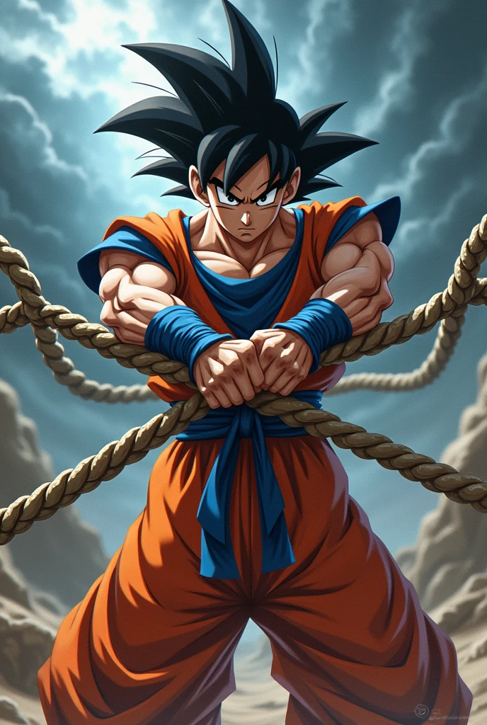 son goku, hands raised in a fighting stance, closed fights, torn orange dougi, blue boots,  and bloody, shirtless, yelling, angry, powerful blue aura around him, looking to the right side, feet planted to floor, destroyed desert canyon in the background, dark thunderous clouds in the sky, mature face, muscular body, black eyes,  <lora:son_goku_offset:1>,  <lora:lora_perfecteyes_v1_from_v1_160:0.3>
