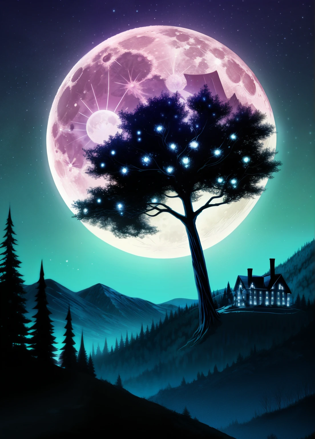 enchanted forest, the full moon rises from behind the hills, moon  night sky