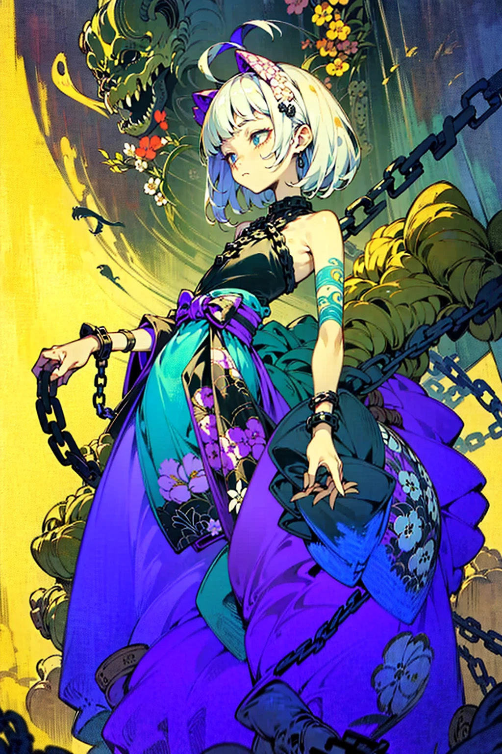 ((Background made up of chains and flowers))、 Horror elements, (masterpiece), (High resolution), (Very delicate), (clear), Manga style illustration,Japanese painting, (spooky), Crazy Illustration, Flat Illustration, spooky外観, (Mr..々Color Hair Styles), Unique atmosphere、Small eyes、（Flat Chest）, ((Muddy hair)),chain wrapped around body、((spookyタトゥー))、Holding a balloon,Skin full of stitches,restrained by thick chains、（Colorful clown costumes）、Bold Pose、Sexy Costumes、dress
