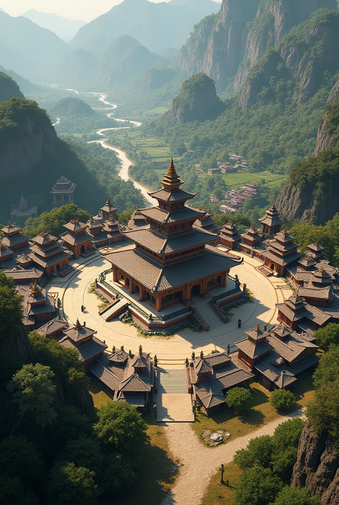 make Nepali traditional village urban plan with shape of mandala and temple of shiva in the middle