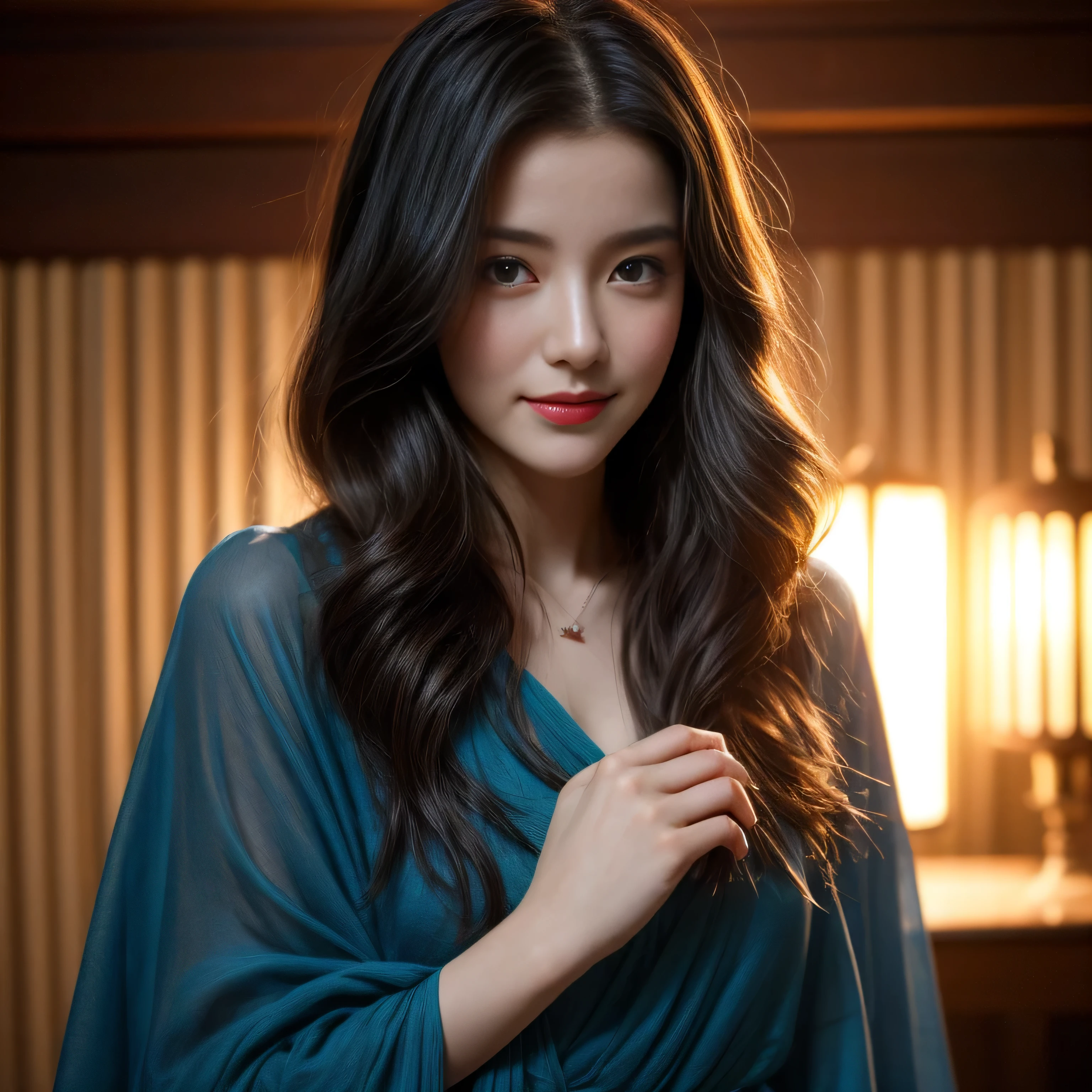 photorealistic, masterpiece, photorealistic, high resolution, soft light, hips up, blue eyes, fern hair, long hair, Intricate details EABA, cerulean cloaks, short hand-fan, Royal Poet, see through Hanfu, dandy, fluffy hair, a warm room full of light on birthday night, my birthday party, cheerful and respectful attitude