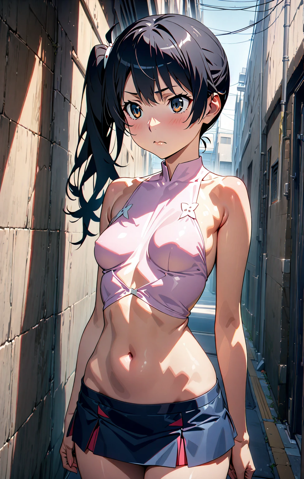 (cum on breasts:1.2), arms behind back, masterpiece, bikini, 1girl, cute, slender, water eye, angle from above, sweaty, shiny skin, gleaming skin, wet, silver short hair, looking up at viewer, depth of field, sharp focus, detailed eyes, sharp pupils, realistic pupils, delicate facial features, highres, (hyper-detailed:1.2), bed room, wince, sad smile, anguish, restrained, blue eyes