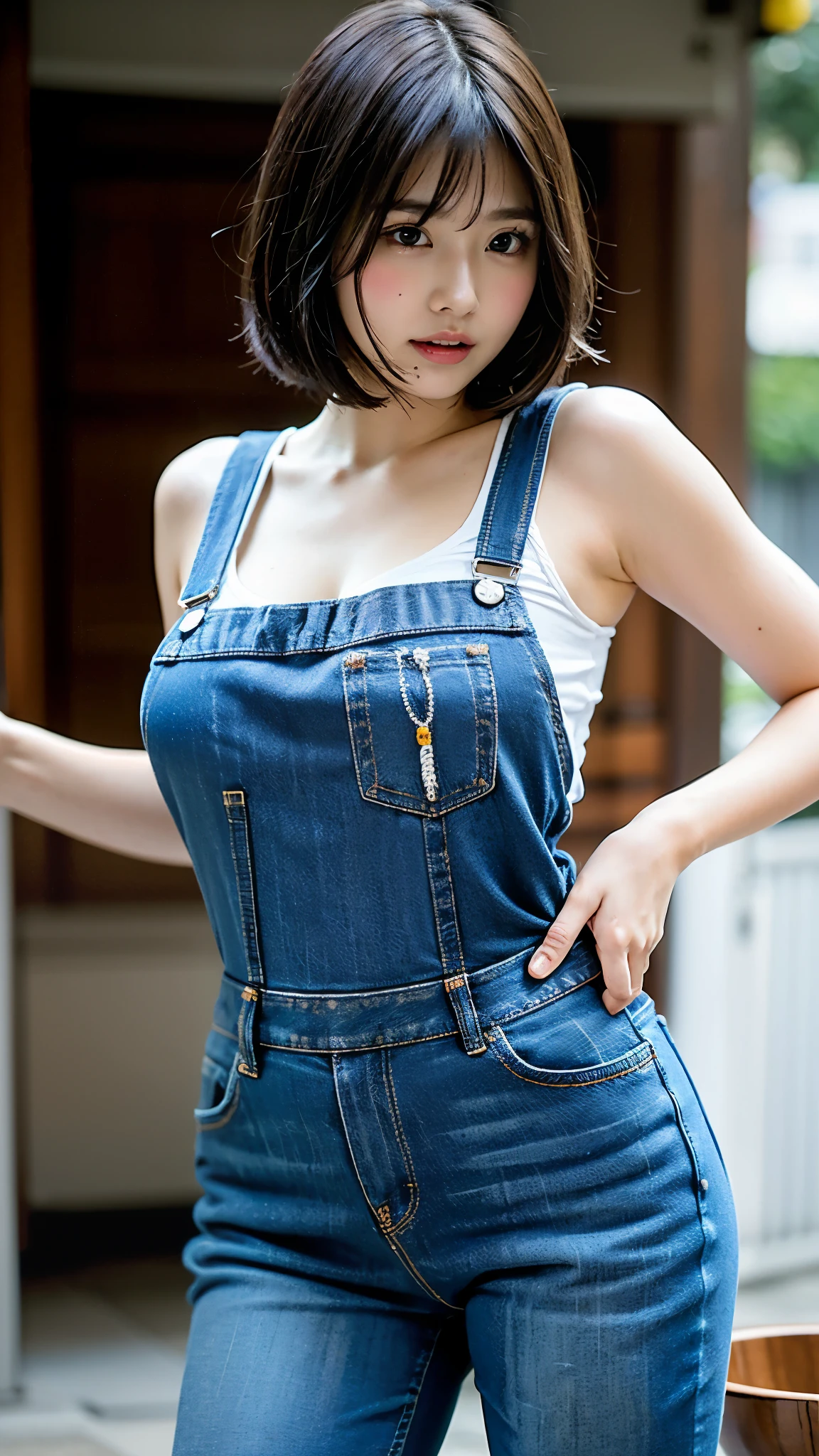 RAW photo, 1 girl, incredibly absurd, 20 years old, beautiful girl, (cute), (short hair), photo shoot, realistic, Depth of the bounds written, High resolution, Super detailed, delicate, very detailed, highly detailed eyes and face, sharp pupils, Realistic Lady, sharp focus, LED lighting, Eye and face details, (stick out one's buttocks:1.3), (minion cosplay), overalls pants, cowboy shot full body, (wind lift:1.6), cameltoe, stare, (Big breasts that are about to burst), Close-up, perfect body, shot from below, Themepark, sunshine, (bowl cut hair, blunt bangs:1.3), ♥pose