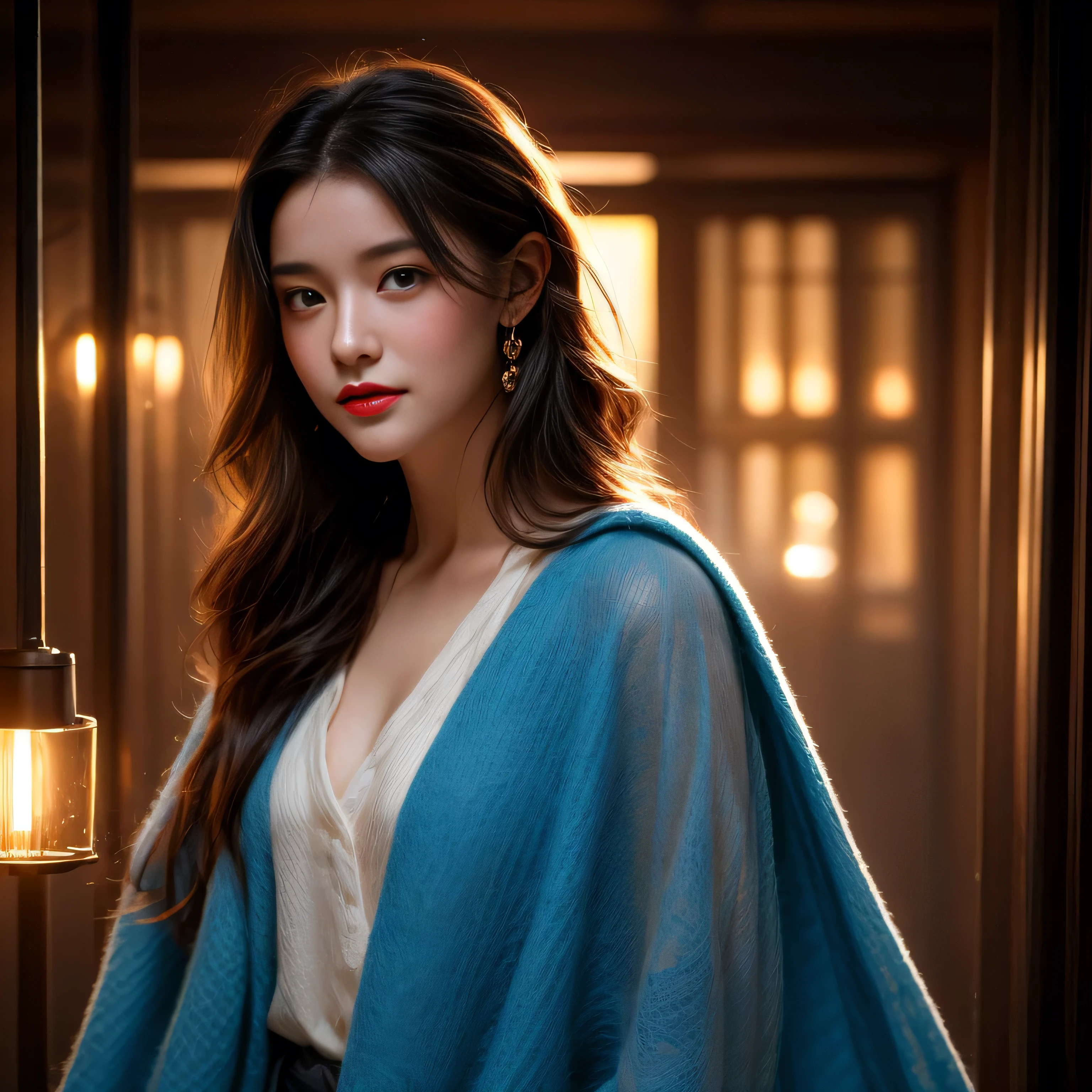 photorealistic, masterpiece, photorealistic, high resolution, soft light, hips up, blue eyes, fern hair, long hair, Intricate details EABA, cerulean cloaks, short hand-fan, Royal Poet, see through Hanfu, dandy, fluffy hair, a warm room full of light on birthday night, my birthday party, cheerful and respectful attitude