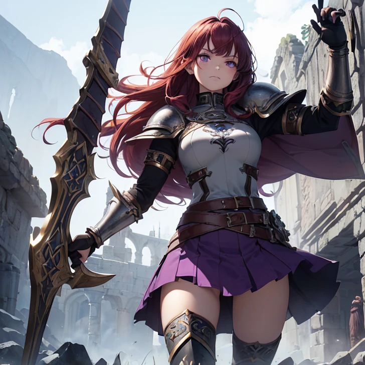 4k,hight resolution,One Woman,Bright red hair,Longhaire,red eyes,knights,white sacred armor,jewel decorations,Big sword,medieval town,furious,((dark cave,ruin place)),((purple crystal)),((purple crystal)),((purple crystal)),((purple crystal)),
