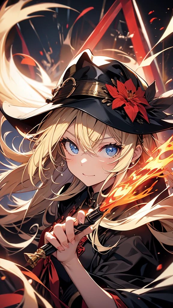 fantasy, fire mage, red witch costume, witch hat ,blonde, ponytail, violet eyes 