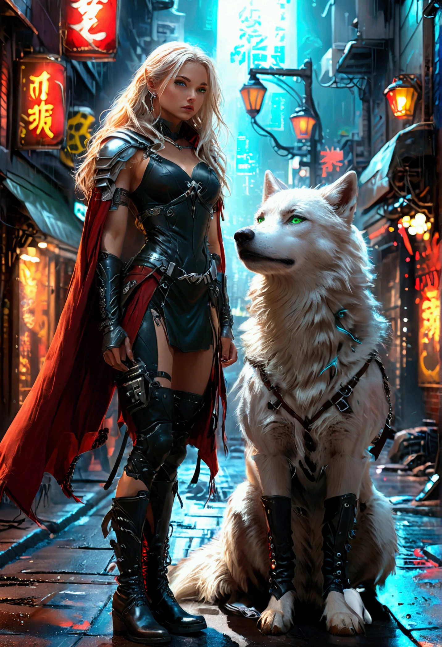 fantasy art, RPG art, ultra wide shot, RAW, photorealistic, a picture of female human ranger and her (white: 1.4) wolf pet, the ranger, an exquisite beautiful human woman, long blond hair, braided hair, green eyes, wearing leather dress, wearing (red cloak: 1.1), wearing high heeled boots, standing in a cyberpunk street at night, an epic ((white)) wolf stands near her, glowing blue eyes, protecting her, cyberpunk street background, best quality, 16k, [ultra detailed], masterpiece, best quality, (ultra detailed), full body, ultra wide shot, photorealism