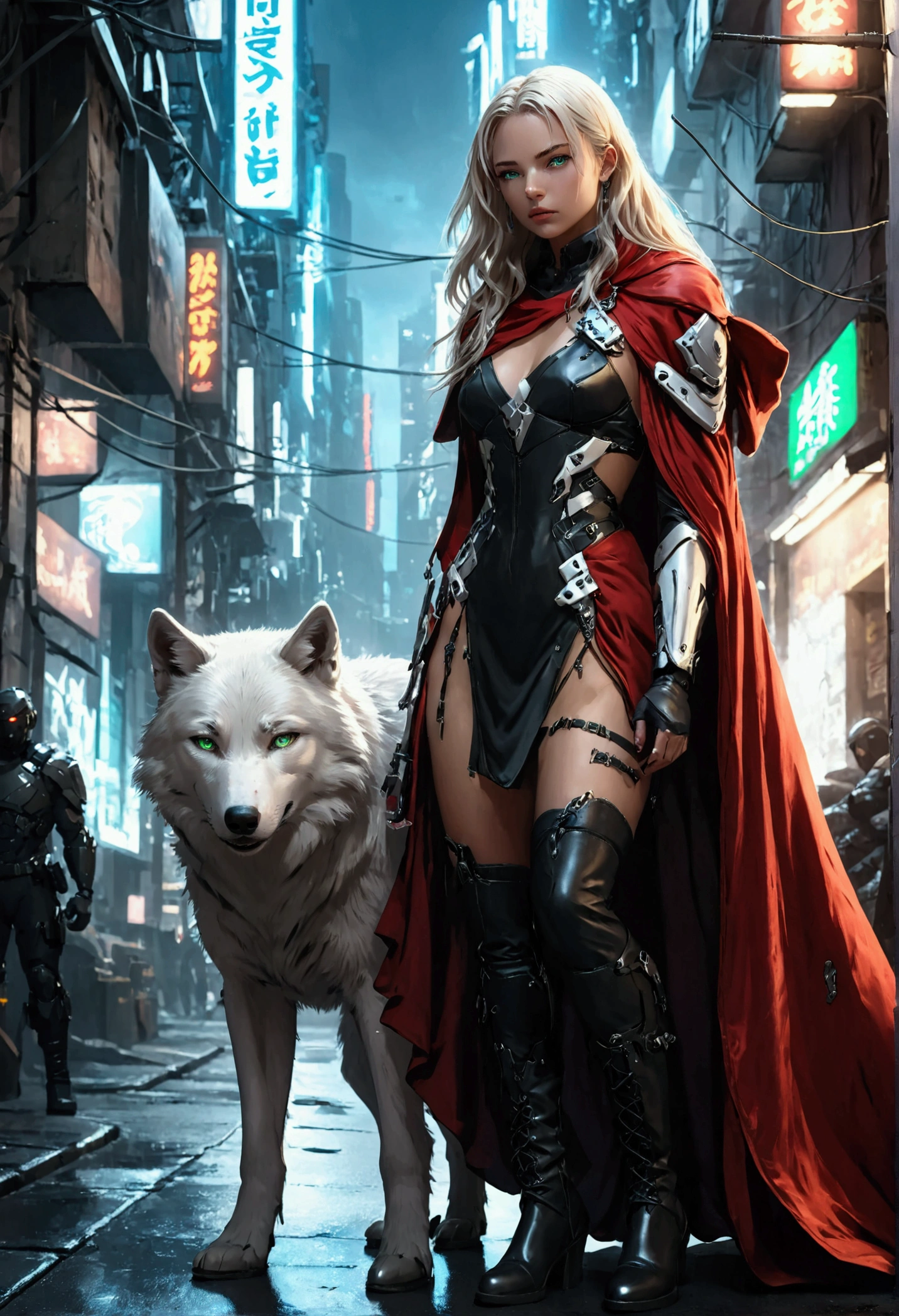 fantasy art, RPG art, ultra wide shot, RAW, photorealistic, a picture of female human ranger and her (white: 1.4) wolf pet, the ranger, an exquisite beautiful human woman, long blond hair, braided hair, green eyes, wearing leather dress, wearing (red cloak: 1.1), wearing high heeled boots, standing in a cyberpunk street at night, an epic ((white)) wolf stands near her, glowing blue eyes, protecting her, cyberpunk street background, best quality, 16k, [ultra detailed], masterpiece, best quality, (ultra detailed), full body, ultra wide shot, photorealism