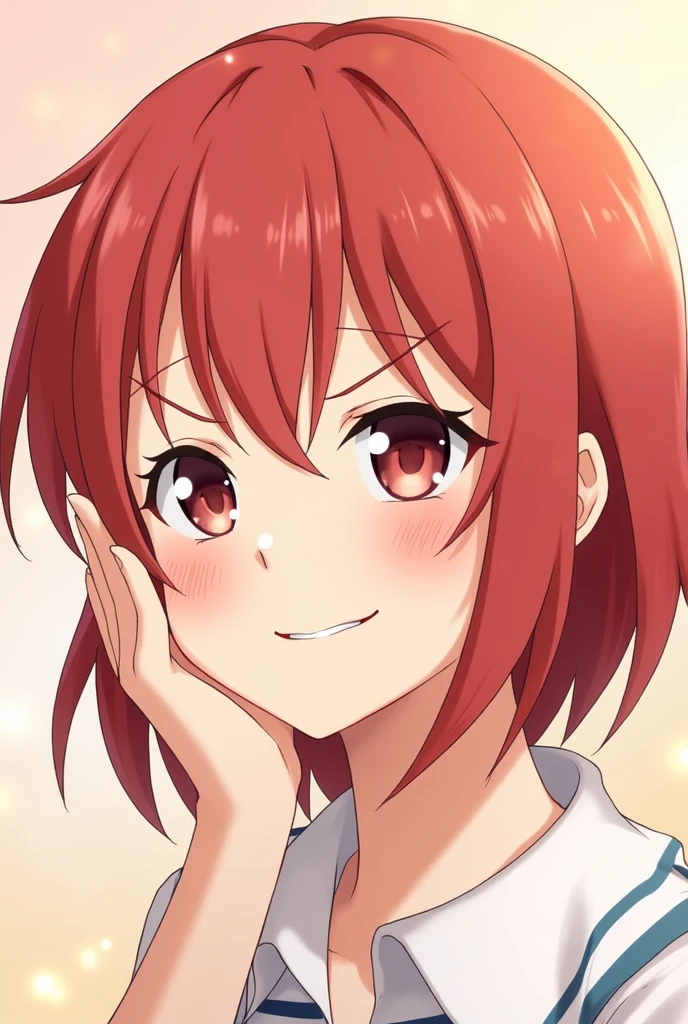 best quality, masterpiece, highres, detailed, digital artwork, <lora:Tools - add_detail:0.2>, IkuyoHoshi, red hair, pink ribbon, low ponytail, red eyes, white shirt, mature woman, <lora:Character - IkuyoHoshi:0.8>, simple white background, blush, happy, upper body, straight on,
