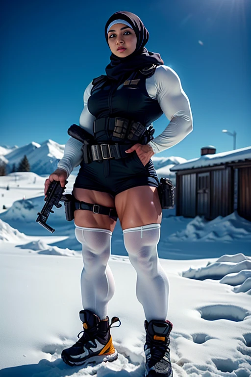 Photorealistic, high resolution, 1 malay woman in hijab, Solo, Hips up, Snow background,view the viewer, (Detailed face), White hijab, SWAT vests, sniper rifle handle, Black military uniform, bulletproof vest, Holding an assault rifle, M16, Inside the city, Very detailed, Perfect face, Black eye, jewelry, (full body view)