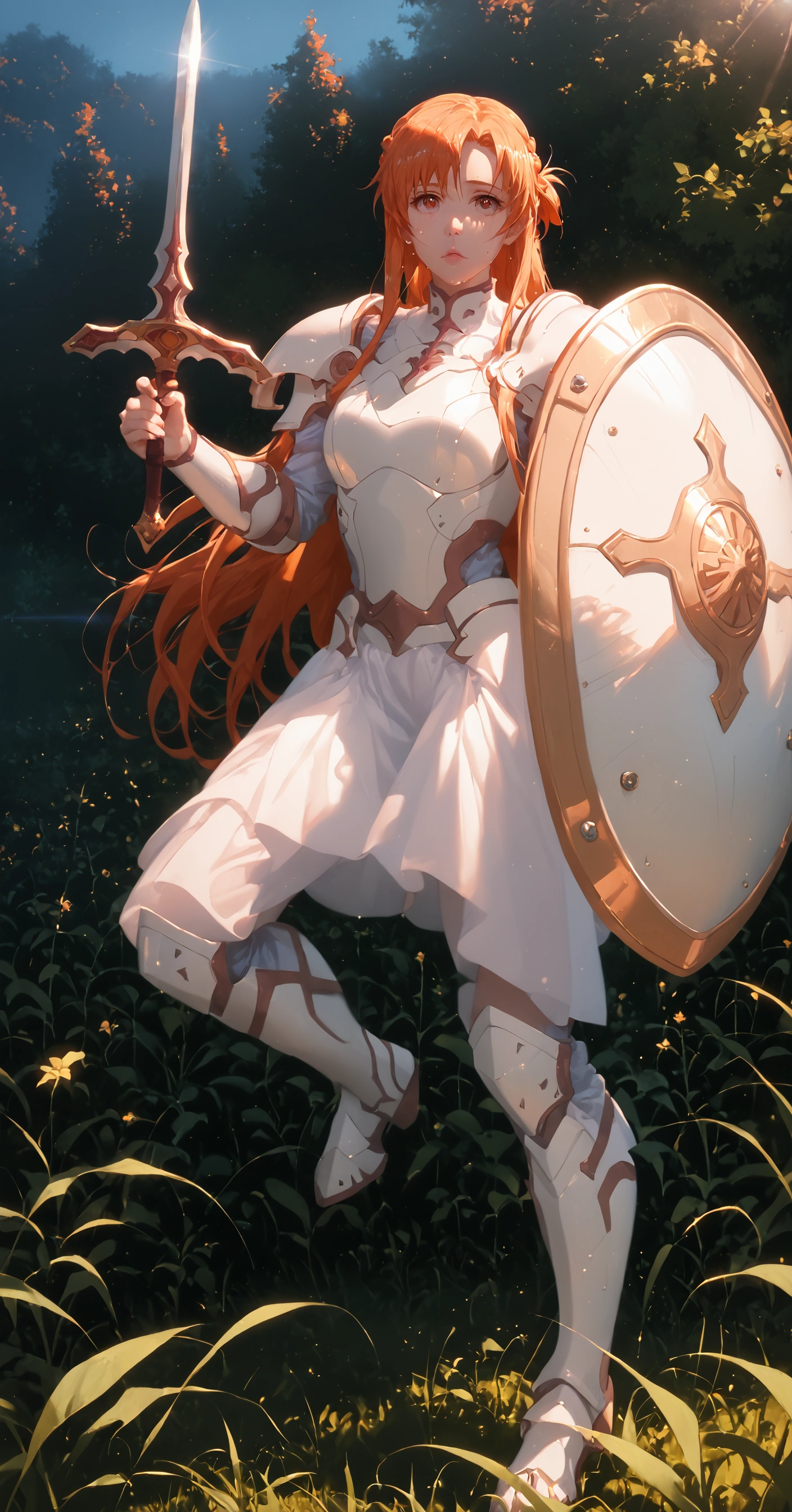 score_9, score_8_up, score_7_up, score_6_up, uncensored, asuna yuuki from sword art online, orange hair, fold, braid, long hair, orange eyes, BREAK beautiful detailed eyes, beautiful detailed lips, extremely detailed face and portrait, elegant expression, soft warm lighting, volumetric lighting, cinematic composition, detailed environment, lush garden, vibrant colors, intricate details, masterpiece, high resolution, digital painting, excessive sweating, sweating profusely, sweating drop BREAK, edgHalo_armor, power armor, wearing edgHalo_armo, horizon, dusk, lens flare, field, holding sword, shield