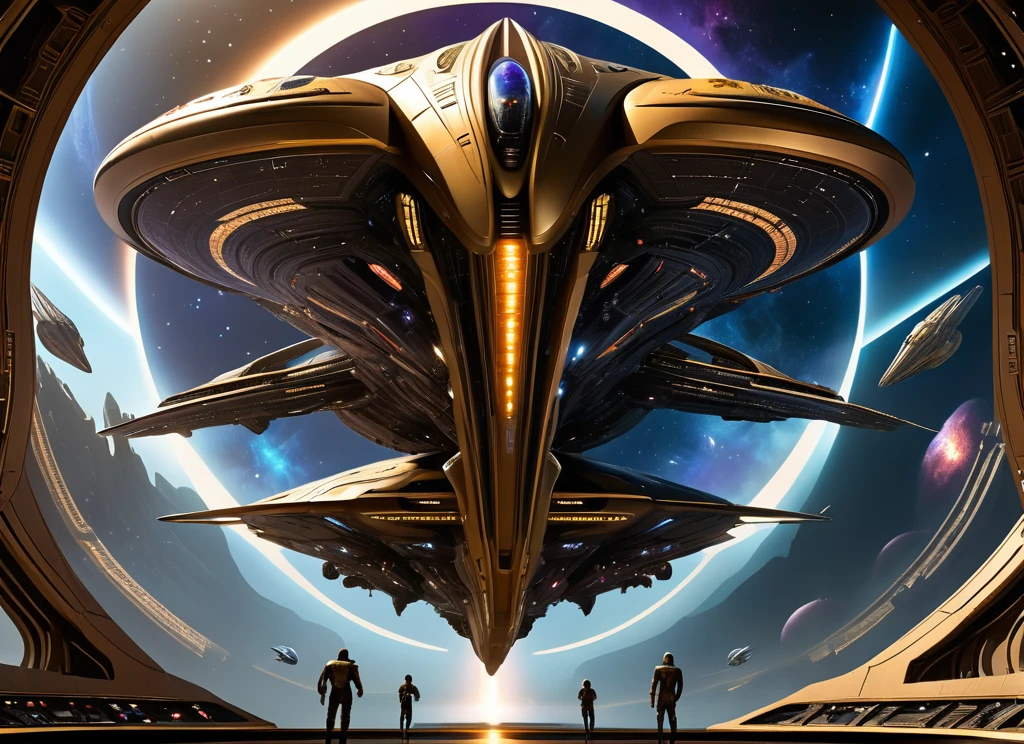 A breathtaking 750k UHD 4D resolution digital masterpiece depicting an epic space battle between an array of iconic starships from various sci-fi universes. In the foreground, a massive dark gold starship is shaped like an infinity symbol, with a length of 144 miles and a diameter of 72 miles at its midsection. A breathtaking 750k UHD 4D resolution digital masterpiece a massive dark gold starship is shaped like a filled in infinity symbol, with a length of 144 miles and a diameter of 72 miles at its midsection. It's surrounded by a dazzling array of Babylon 5, Star Trek, Star Wars, Farscape, Andromeda, and The Orville starships, all beautifully designed with vibrant colors and intricate details. The enemy forces consist of Borg Ships and Shadow Vessels, lurking in the shadows. The scene is set against the backdrop of a mesmerizing cosmic landscape, with celestial bodies, nebulas, and otherworldly visuals. The atmosphere is a stunning, cinematic It's surrounded by a dazzling array of Babylon 5, Star Trek, Star Wars, Farscape, Andromeda, and The Orville starships, all beautifully designed with vibrant colors and intricate details. The enemy forces consist of Borg Ships and Shadow Vessels, lurking in the shadows. The scene is set against the backdrop of a mesmerizing cosmic landscape, with celestial bodies, nebulas, and otherworldly visuals. The atmosphere is a stunning, cinematic, portrait photography, vibrant, fashion, 3d render, architecture