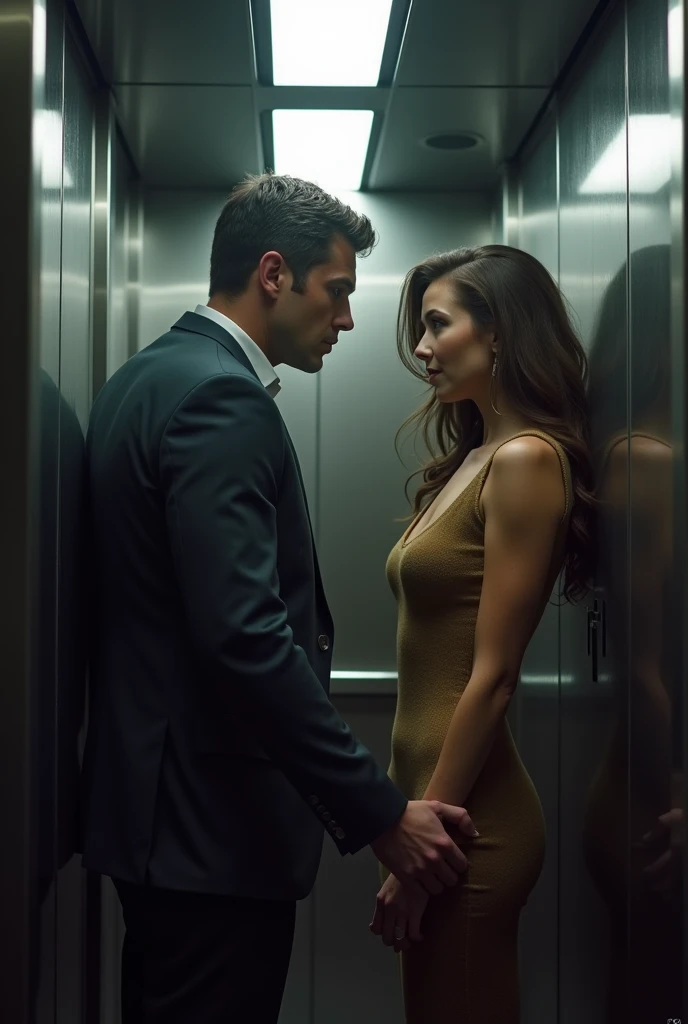 a beautiful blonde woman,a handsome brown-haired man,an elevator,tension,close bodies but not touching,woman in a tight black dress,man in a white shirt,dramatic lighting,cinematic angle,photorealistic,highly detailed,chiaroscuro lighting,dark moody atmosphere,cinematic composition