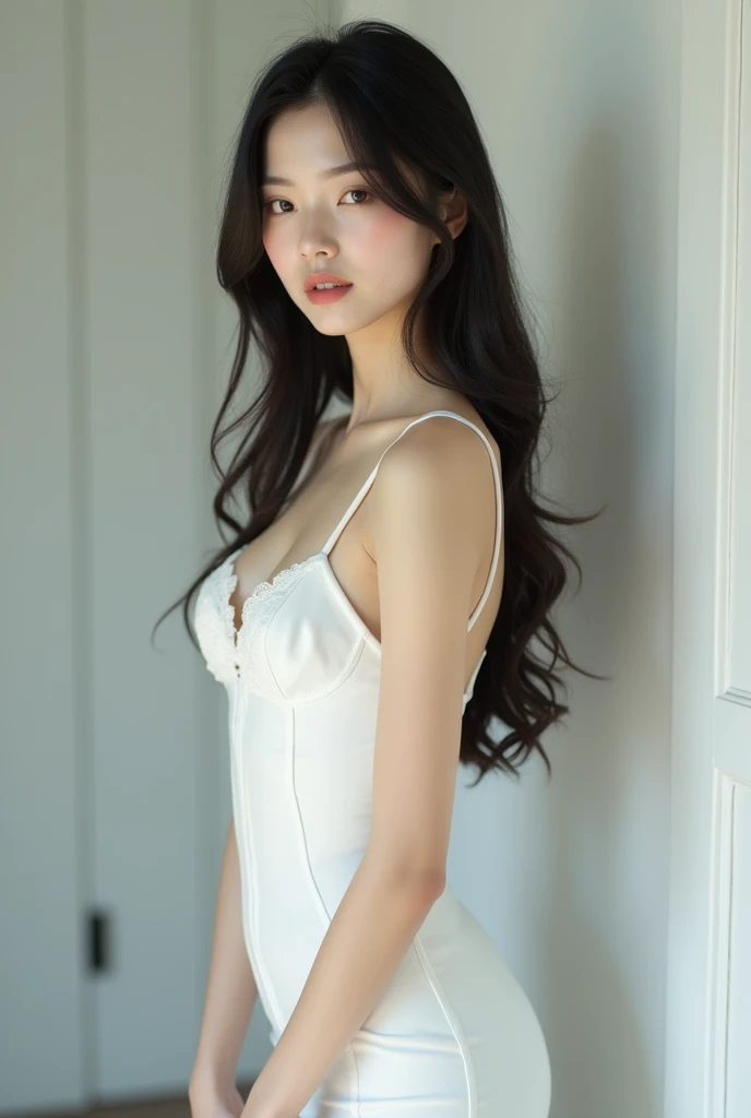 8K, Ultra-high resolution, Highest quality, masterpiece, 三分割法によるphotograph,Surreal, photograph, 1 Girl, (16 years old:1.3), pretty girl, Cute face, Beautiful eyes in every detail, 細かくdetailedに,masterpiece,, One Girl:1.2, Japan Female Announcer,whole body, Long dress,Deep side slits,Black high heels、Beautiful leg line beauty,Captivating thighs,A carefree smile,Heal the heart,Black Hair,Long Straight Hair,Looking at the audience、beauty,Long neck、Laugh a little、Please close your mouth and laugh、(((Ideal body type))),A cup small breasts :2,、Portraiture:2、Perfect Anatomy、鮮明なdetailed、detailed、Surreal、Light and shadow,Strong light 