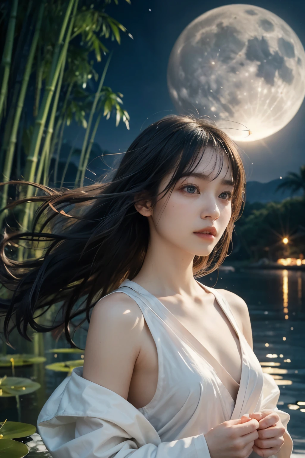 realistic, photogenic, very dark night, bamboo forest, moonlight is reflected in the clear pond, wearing only white Japanese Under-Kimono, exposed nape and shoulder, a little exposed chest too, face is looking up above the sky, the full moon is shining small and high up above her head, extremely brightly lit by moonlight only around her, beautiful long black hair, hair is blowing in the wind, hair is shaggy and dishevelled, beautiful white translucent skin, slendar figure, no makeup, sad expression, tears in her eyes, shot from diagonal far, angle looking down from her above