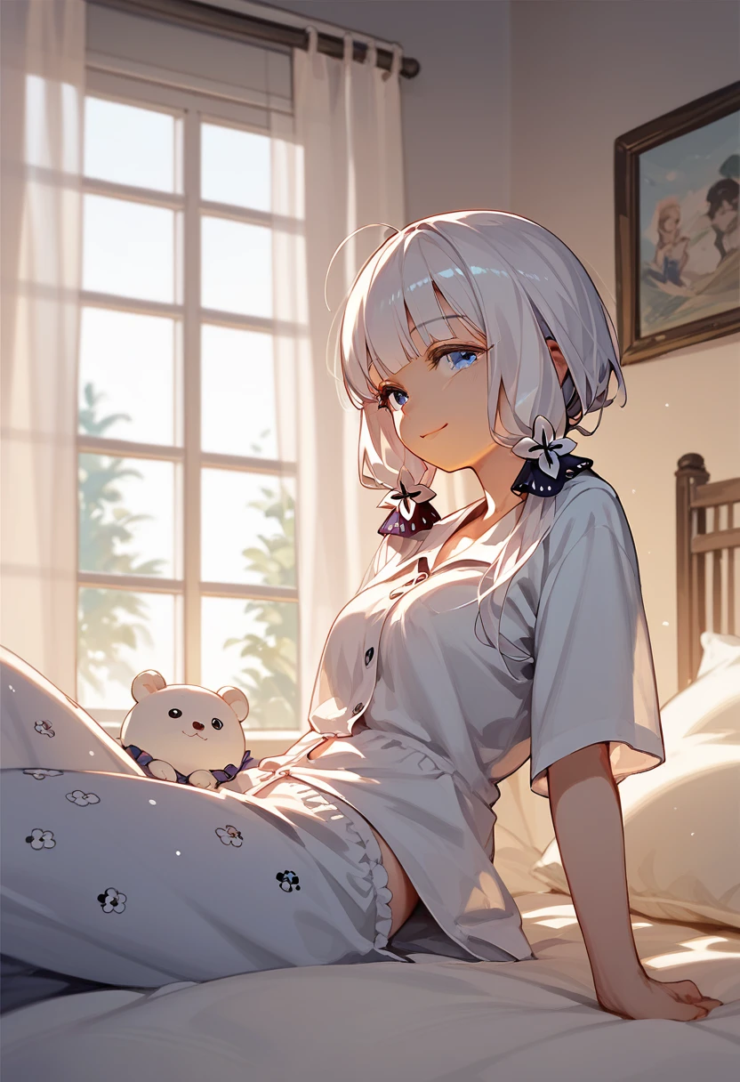 score up_9,score up_8,score up_7,source_anime,rating_safety, masterpiece,best quality,super fine illustration,super detailed,8k,illustrious,(LoRa:0.7),pajama,morning,short hair,