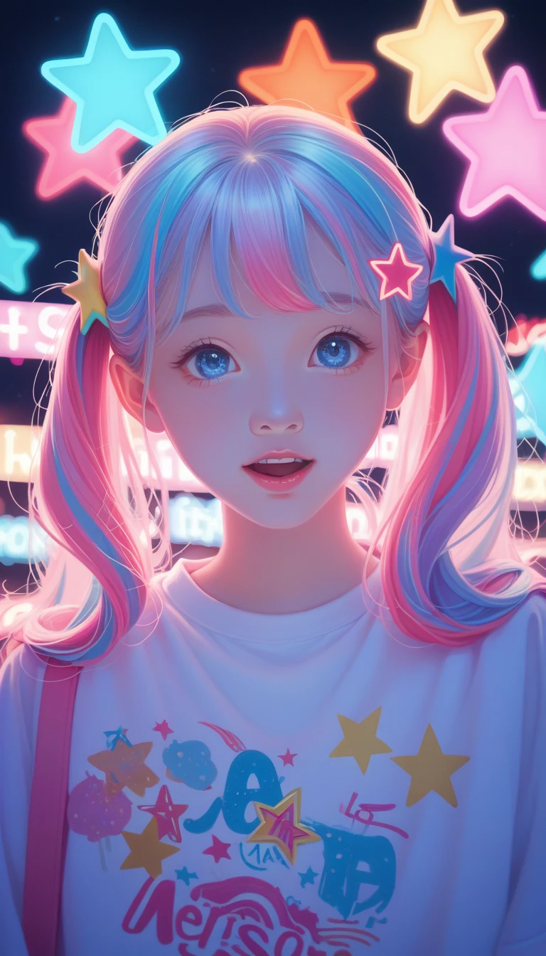 score_9_superior, score_8_superior, score_7_superior, score_6_superior, One girl, alone, pastel colour, 【Open your mouth, Long Hair, star , (symbol), star Hair accessories, Hair accessories, Twin tails, Make eye contact, blue eyes, pastel neon lighting, sauce_anime, neon, neon theme , 