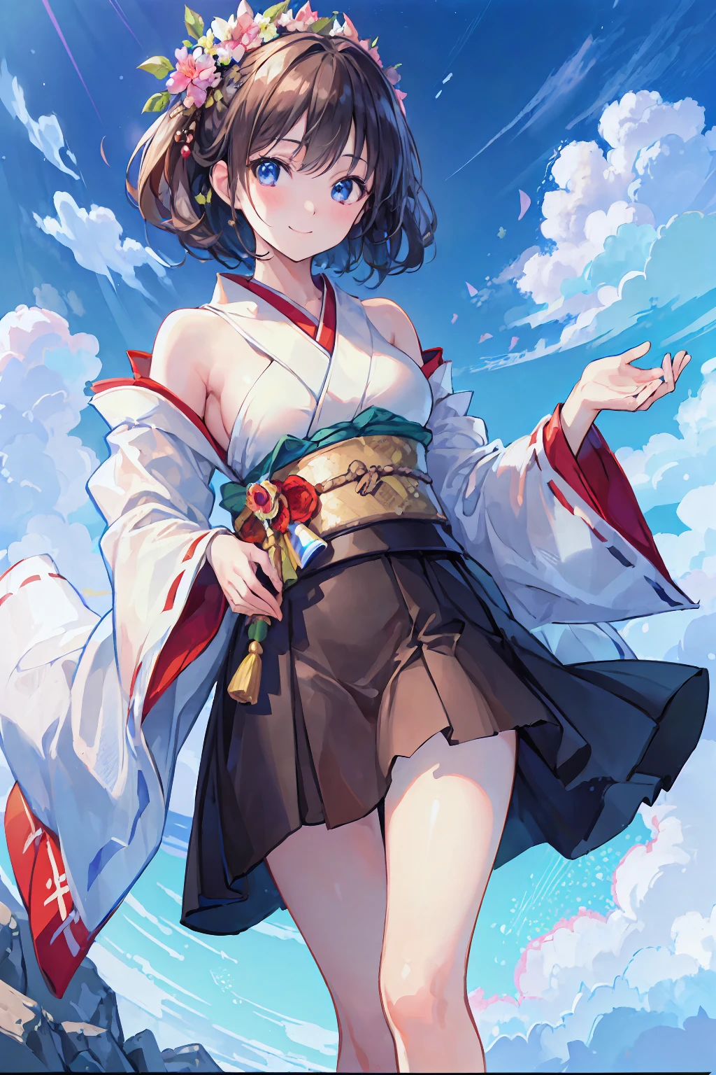 (((Japanese Landscape))), (((Scenery of Japanese summer festivals))), ((Japanese festival costumes)), (skirt), ((Shiny Costumes)), skindentation, skinny, solo, 1 woman, Masterpiece, highest quality, highest quality, 16K, incredibly absurd, highly detailed, 2.5D, ai-generated, delicate and dynamic, very delicate facial expressions, delicate eye depiction, erotic, only sexy woman, ((A cute and kind face)), healthy figure, ((25-year-old woman)), 160cm tall, medium firm swaying bust,　Sweat,Embarrassed,sexy, ((thin thighs)), (camel toe:0.7), , (Erect nipples,:0.7), shiny and lustrous, facing straight at viewer, (((in heat))), ((Oily_skin)), ((Lots of sweat)), ((dutch angle)), ((erotic pose)), (((Very dynamic pose))), The countryside by the sea in Japan, the sea in midsummer, summer vacation,