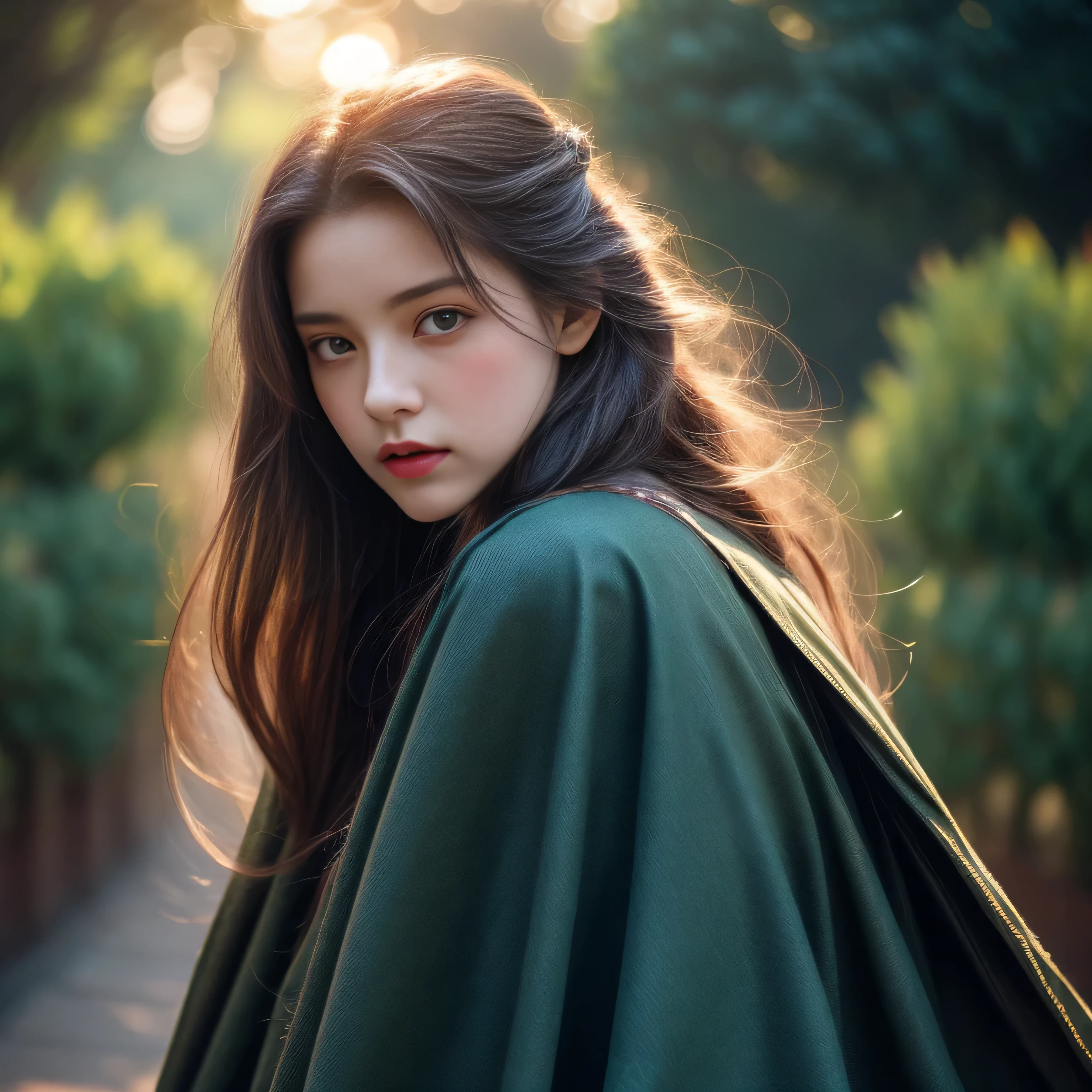 photorealistic, masterpiece, photorealistic, high resolution, soft light, hips up, blue eyes, amber hair, long hair, Intricate details EABA, apricot cloaks, short hand-fan, Royal Poet, silk Hanfu, dandy, floating cloak in wind, sunset
