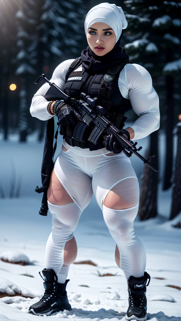 Photorealistic, high resolution, 1 malay woman in hijab, Solo, Hips up, Snow background,view the viewer, (Detailed face), White hijab, SWAT vests, sniper rifle handle, Black military uniform, bulletproof vest, Holding an assault rifle, M16, Inside the city, Very detailed, Perfect face, Black eye, jewelry, (full body view)