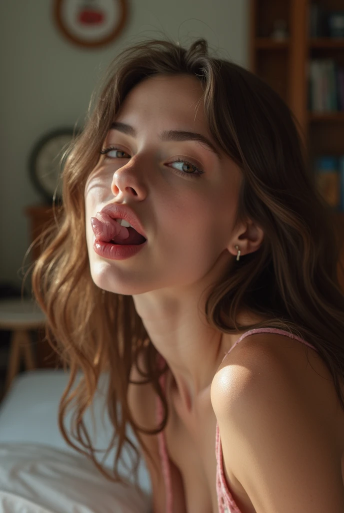 (((Ultra-realistic))), photograph, masterpiece, Highest quality, Trending on Art Station, (Handjob:1.4), (penis:1.4), (Long blonde hair:1.2), Detailed eyes, Detailed Hair, pov Handjob, (Large Breasts:1.1), (Cleavage:1.1), (special attention to skin and Cleavage:1.3), (detailed skin and pores:1.2), focus on 舌withpenis, (Grey sports bra:1.1), Yoga pants, Narrow waist, Bokeh, Depth of written boundary, Super detailed, (dark, Gloomy atmosphere:1.2), Browsing Caution, Inside the dormitory,Small cute pink nipples、blush:3.0、Sticking out his long tongue、