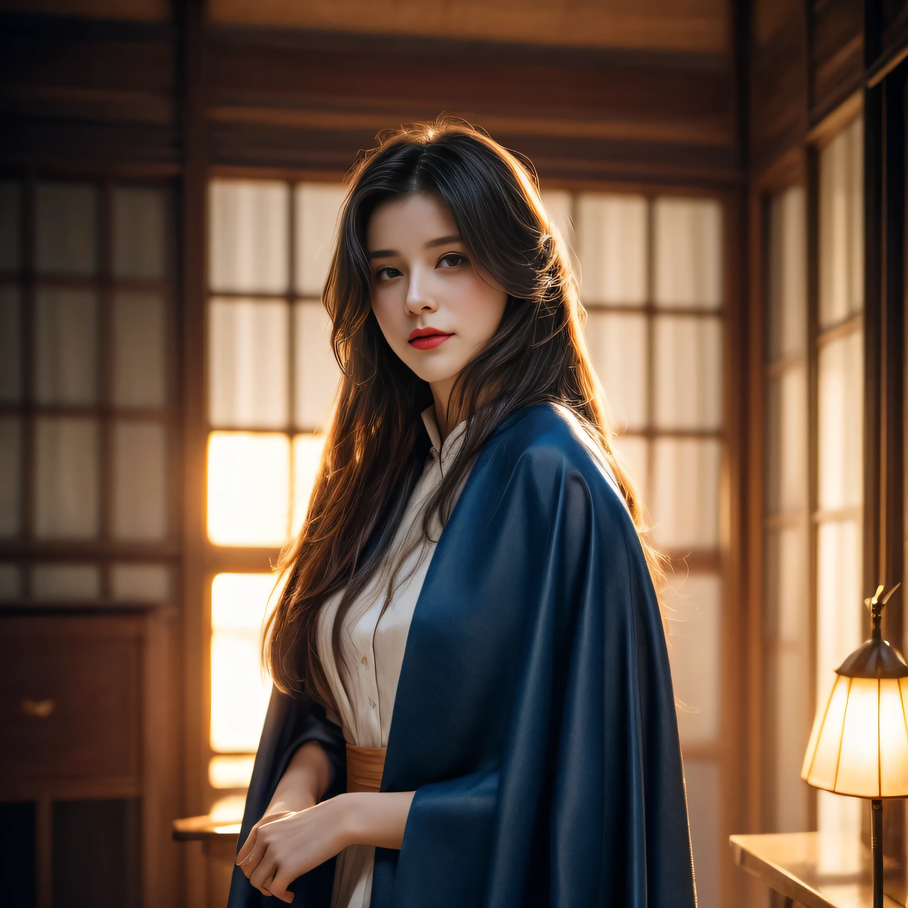 photorealistic, masterpiece, photorealistic, high resolution, soft light, hips up, blue eyes, fern hair, long hair, Intricate details EABA, lilac cloaks, short hand-fan, Royal Poet, emerald Hanfu, dandy, floating cloak in wind, a warm room full of light on birthday night, my birthday party, cheerful and respectful attitude
