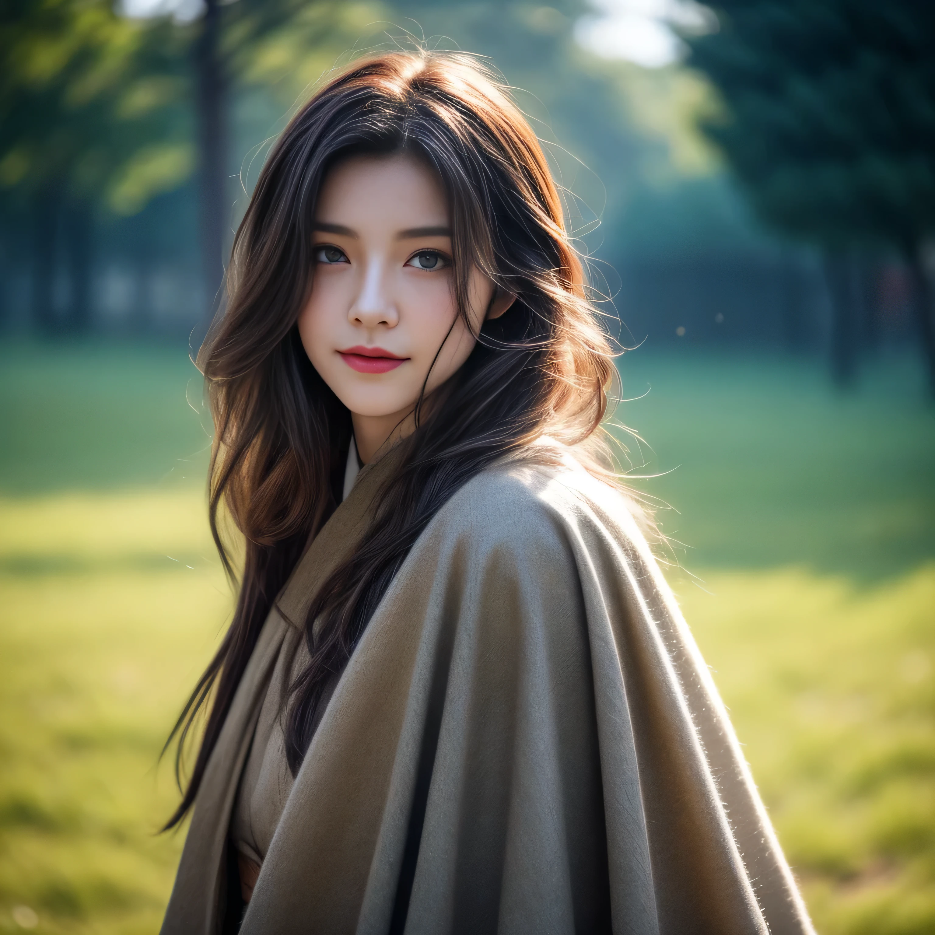 photorealistic, masterpiece, photorealistic, high resolution, soft light, hips up, blue eyes, fern hair, long hair, Intricate details EABA, cerulean cloaks, short hand-fan, Royal Swordman, see through Hanfu, dandy, fluffy hair,  floating cloak in wind, sunrise, cheerful and respectful attitude, blend into background