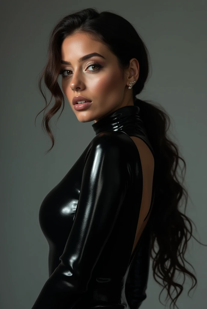 Une belle fille choisit une tenue en latex noire et sexy. Ambiant: elle est dans une pièce neutre. Elle a des cheveux bruns soyeux, gros yeux marrons, Beau visage, peau du visage brillante, sans impression, très beau modèle Instagram, image réaliste. composition dynamique, mouvement, ultra - détaillé, incroyablement détaillé, beaucoup de détails, détails et coups de pinceau étonnants, lisse. Photo en plein pieds.