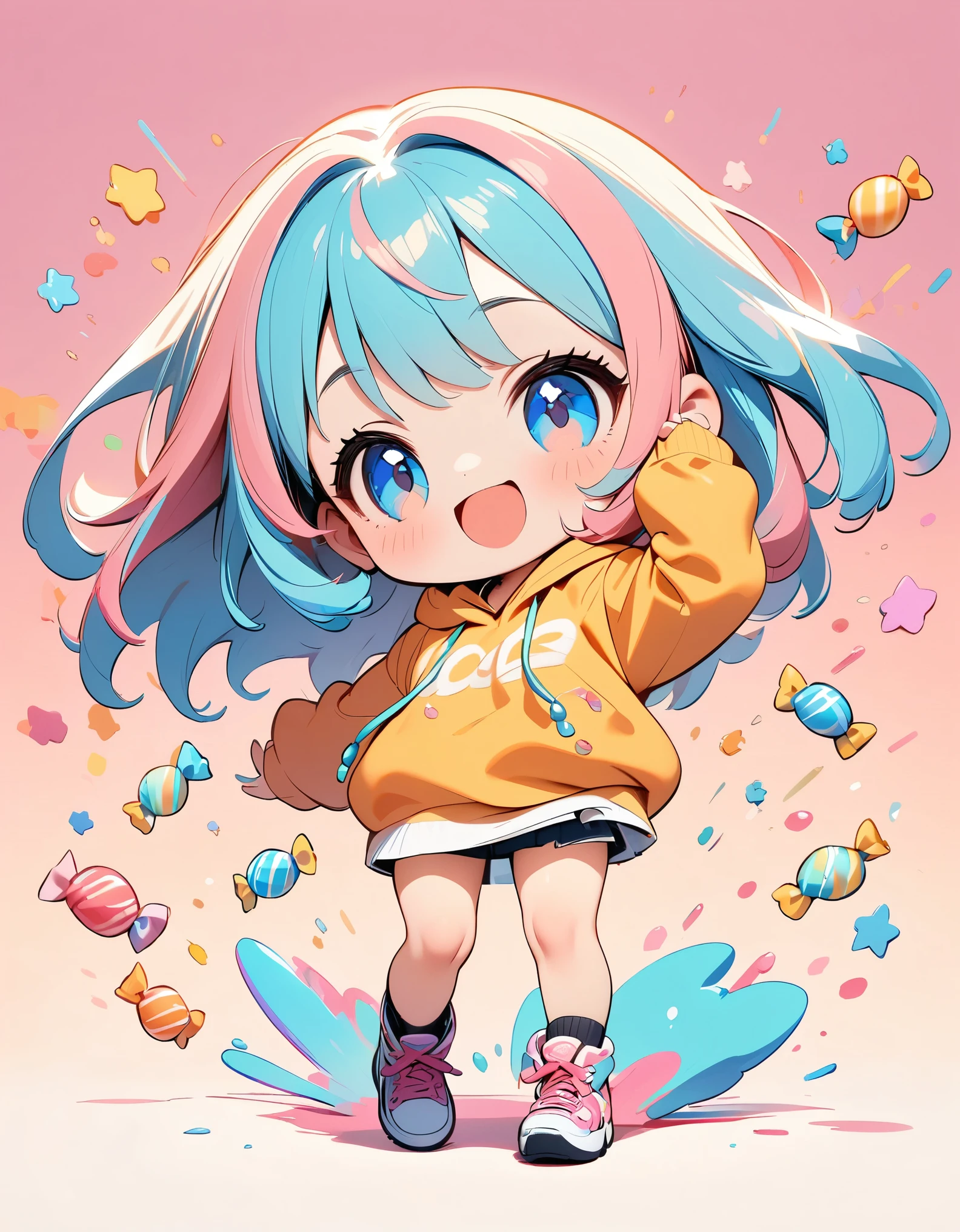 チビcute, Deformation,  girl, cute, , (((Detailed face, Double eyelids, Long eyelashes))), smile, Open your mouth, Flat Chest, thin, pastel colour, Standing, Full body image, cuteポーズ:1.3, Candy background, Lots of popping candy background, ((hoodie, Hot pants, いたずらなsmile)), (Highest quality, 4K, 8k, High resolution, masterpiece:1.2), Super detailed, (Beautiful CG illustrations:1.2, Cute anime style, Dramatic atmosphere, Chiaroscuro), Studio Lighting, Dramatic Contrast, Warm tones, Rich texture.