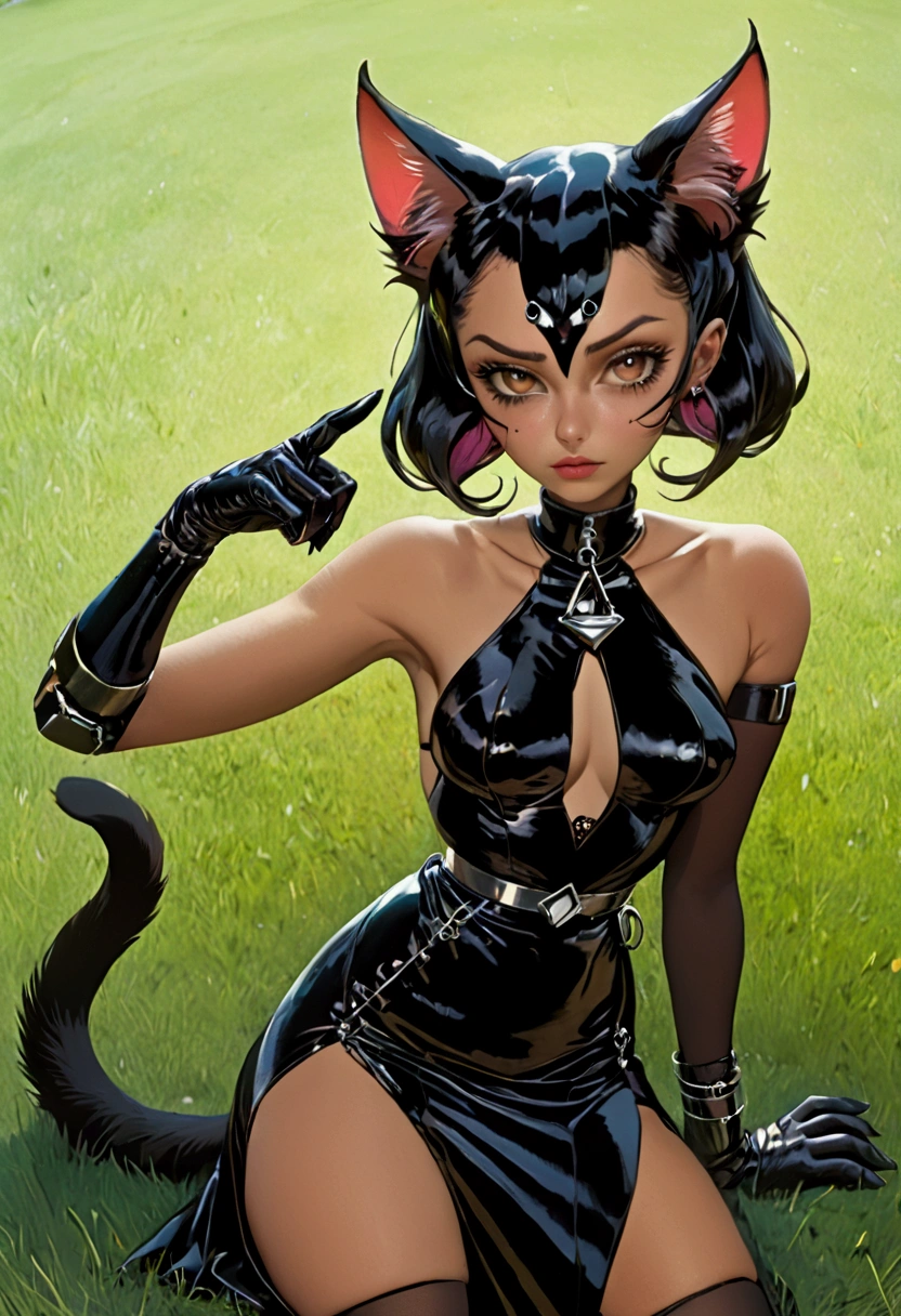 There is lost coliseum there female lionessin seductive pose, she have ebony colour skin beautiful yellow cat eyes dark gold eyeshadows make up, ring style earrings, her hair is purple with pink highlights . she dressed in white neather topic with golden parts on countures also short and white leather straps on her cat legs instead of boots, her hands have hude ruby claws on her fingers, (ultra high quality fantasy art, anime fantasy style, masterpiece, ultra high quality character design, 8k quality anime art, realistic anime art, top quality wallpaper illustration, detailed ultra high quality accurate face, high quality design and accurate physic)
